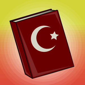 A red book with the Islamic moon and star is overlaid over a background of sunset yellow and orange.