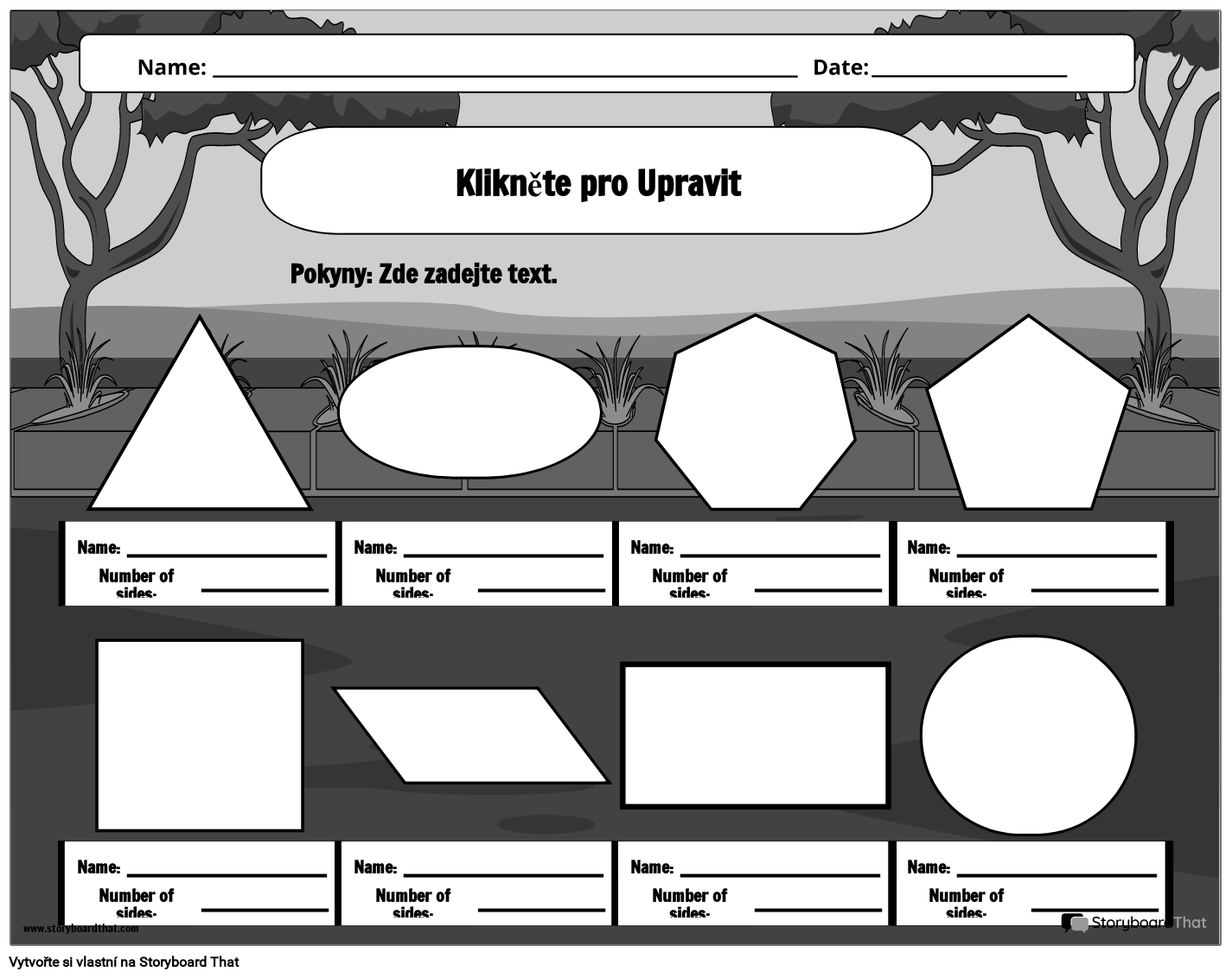 Pracovní List 2D Tvarů Inspirovaný Zahradou Připravený k Tisku B&W