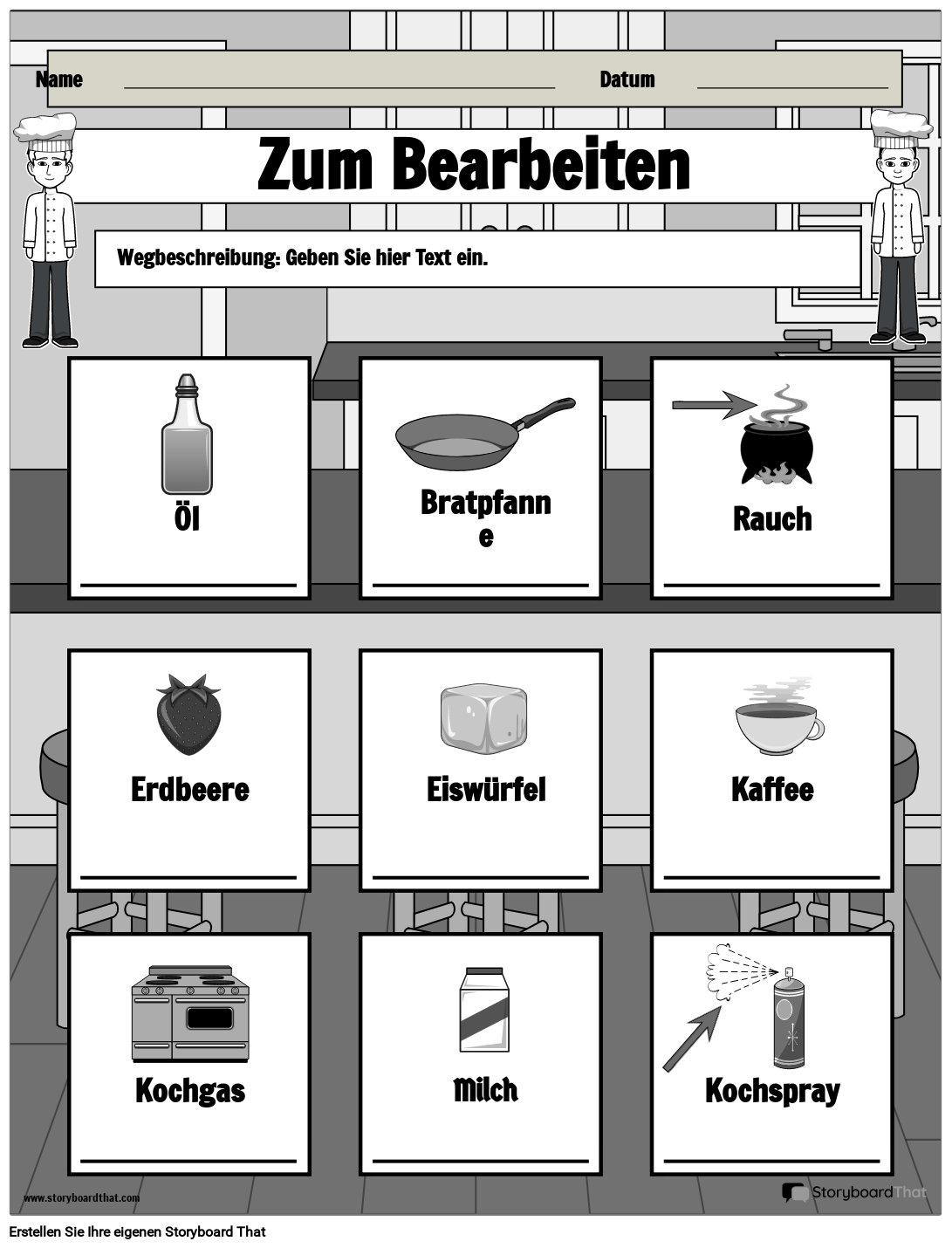 Arbeitsblatt „Zustände der Materie“ mit Küchenartikeln in Schwarzweiß