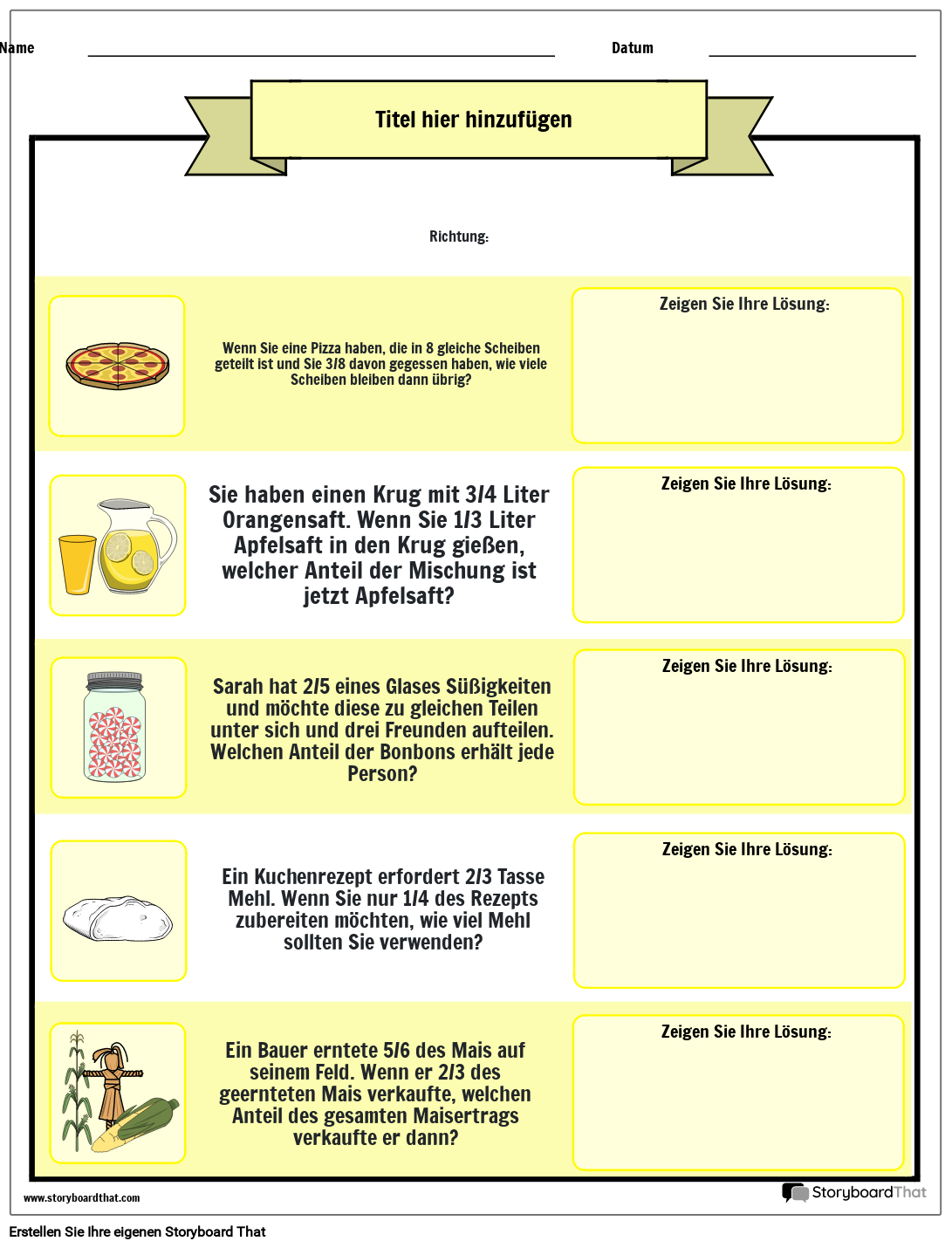 Mathe-Wortaufgaben zum Thema Bruch