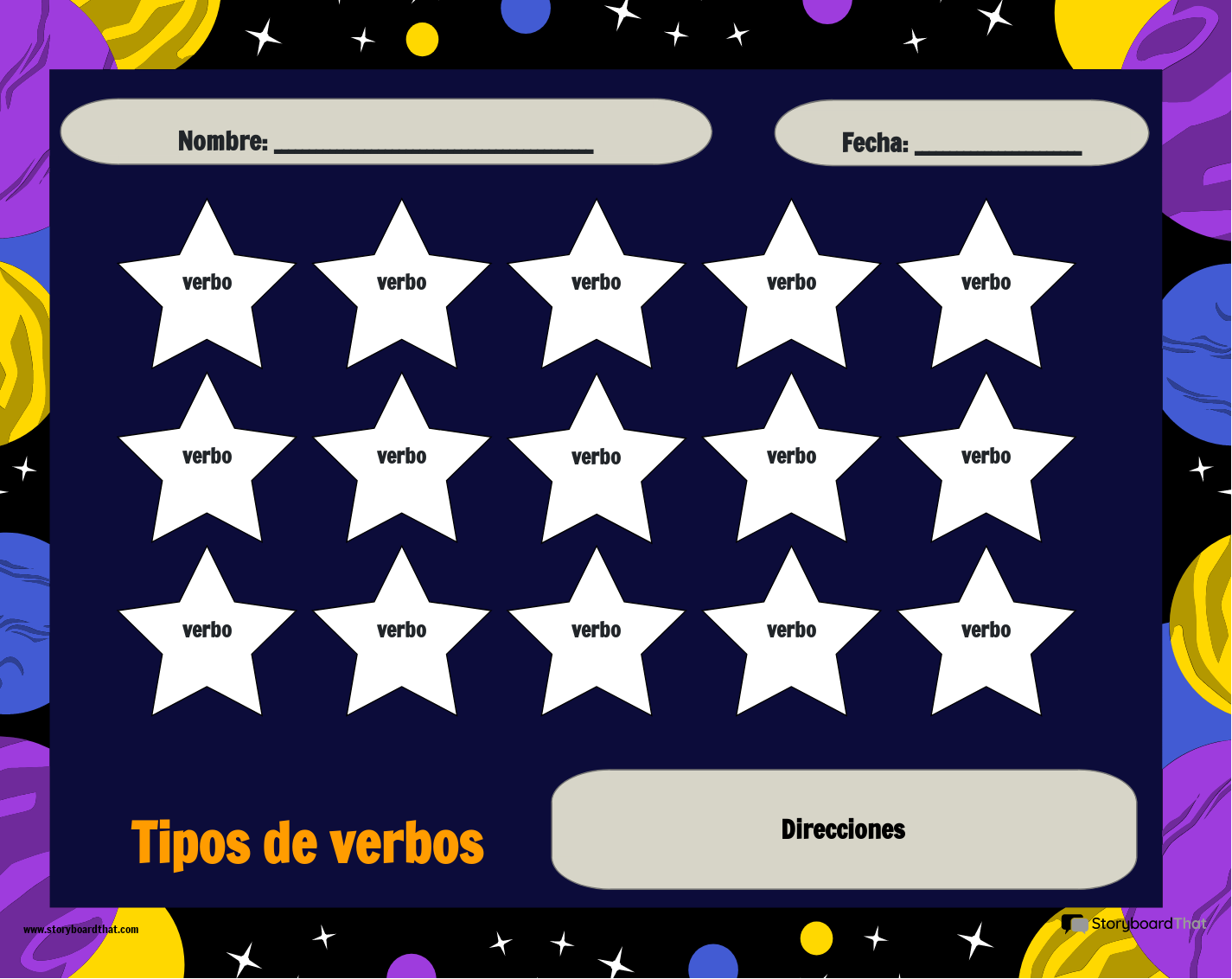 Colorea el Tiempo Verbal de las Estrellas Imprimible