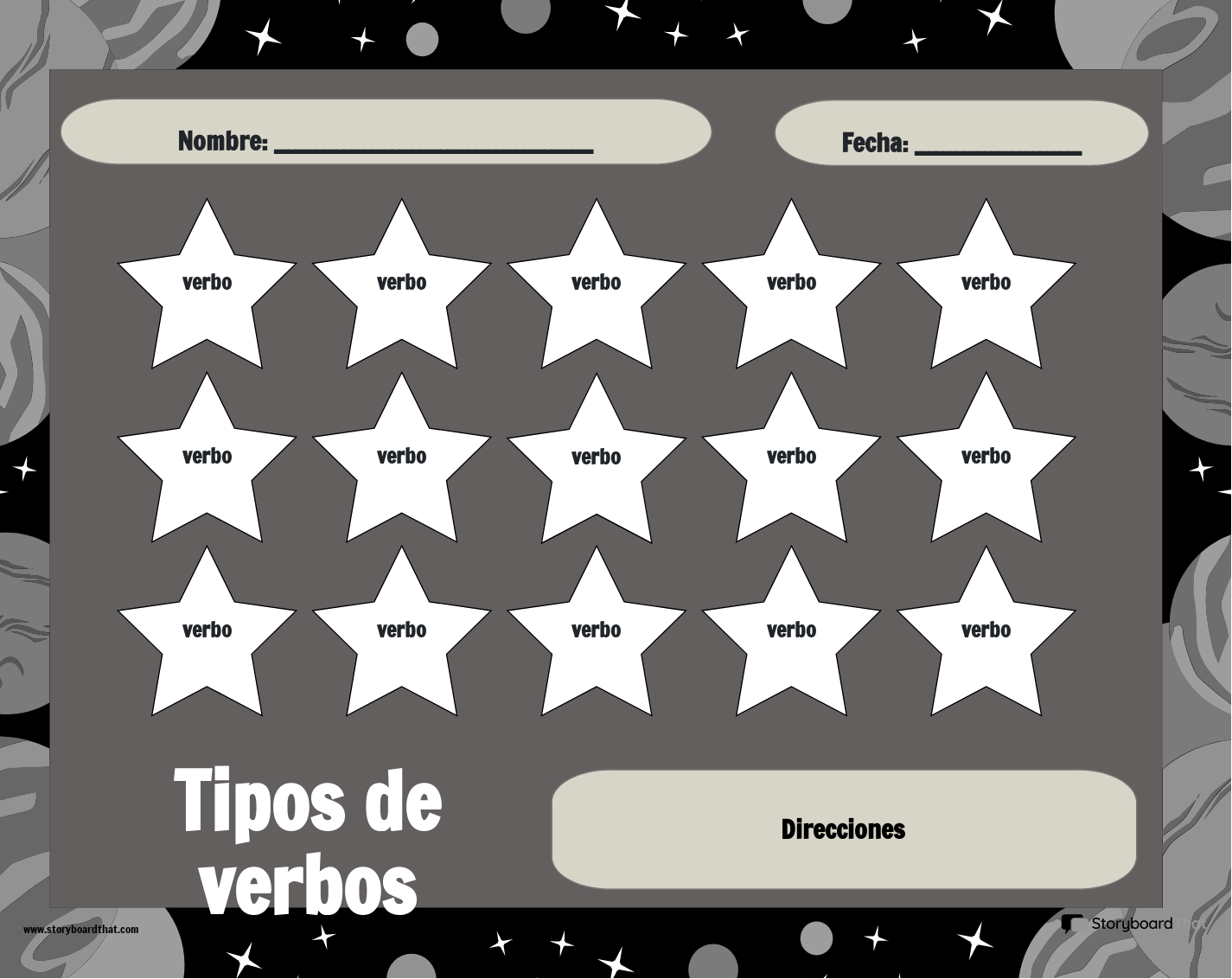 Colorea las Estrellas Tiempo Verbal Imprimible en Blanco y Negro