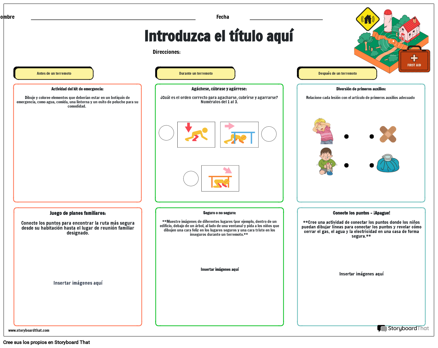 Hoja de trabajo de seguridad contra terremotos para niños con actividades