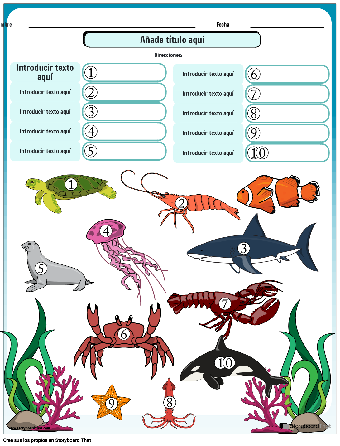 Hoja de Trabajo de Vocabulario Sobre Animales Marinos