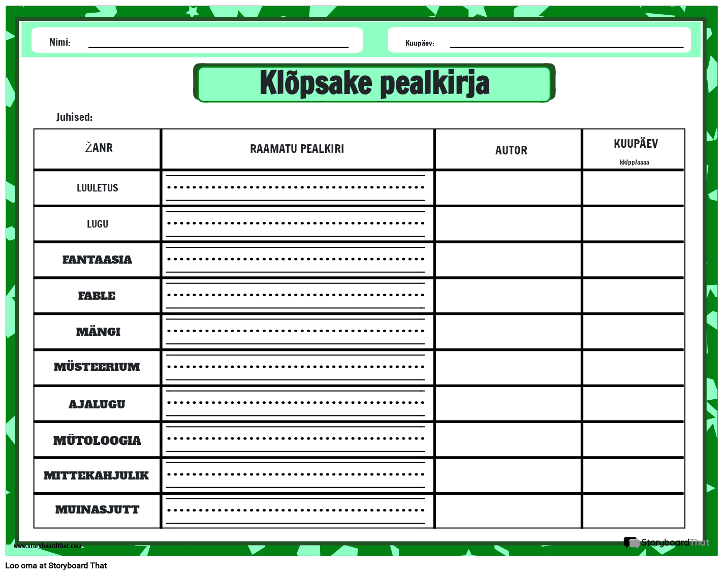 Lugetud Žanrite Jälgimise Tööleht