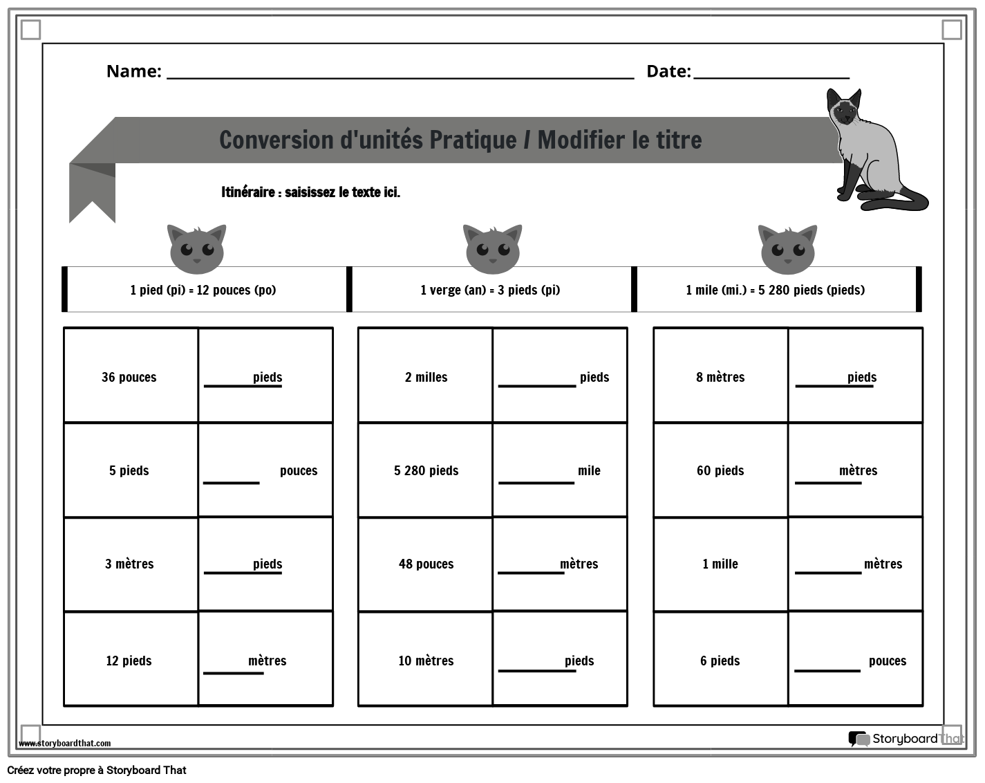 Feuille de calcul de mesure américaine avec des chats B&W