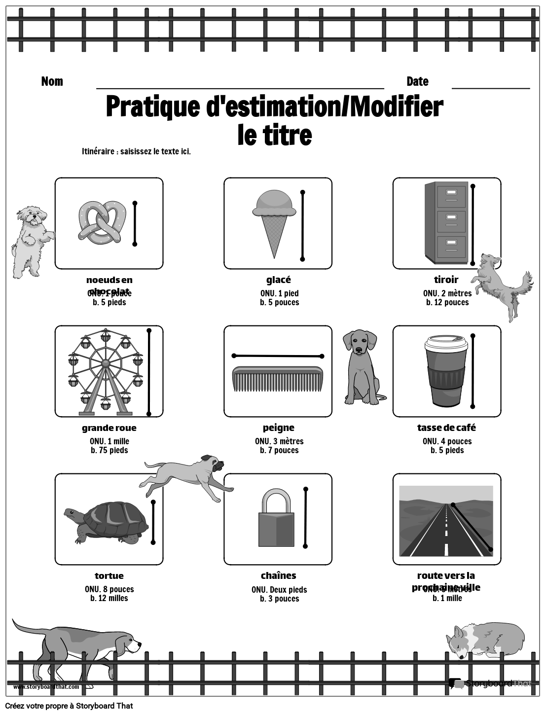 Feuille de Travail de Mesure Américaine sur le Thème des Chiens, Noir et Bl