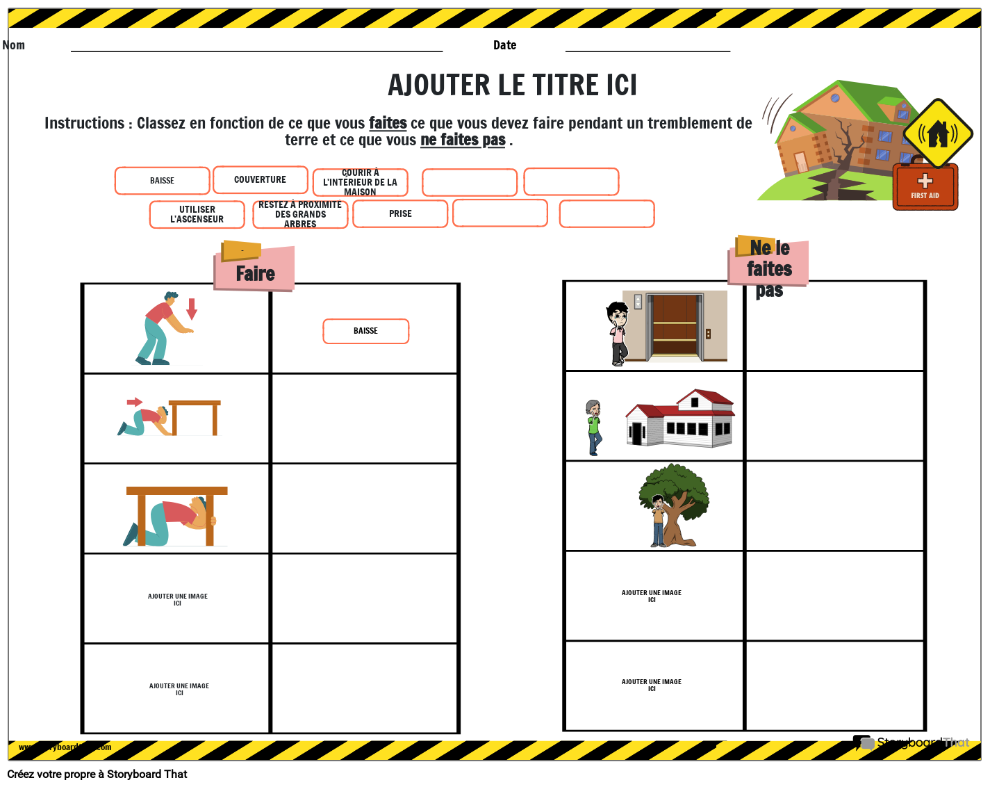 Feuille de travail sur la sécurité sismique à faire et à ne pas faire avec 