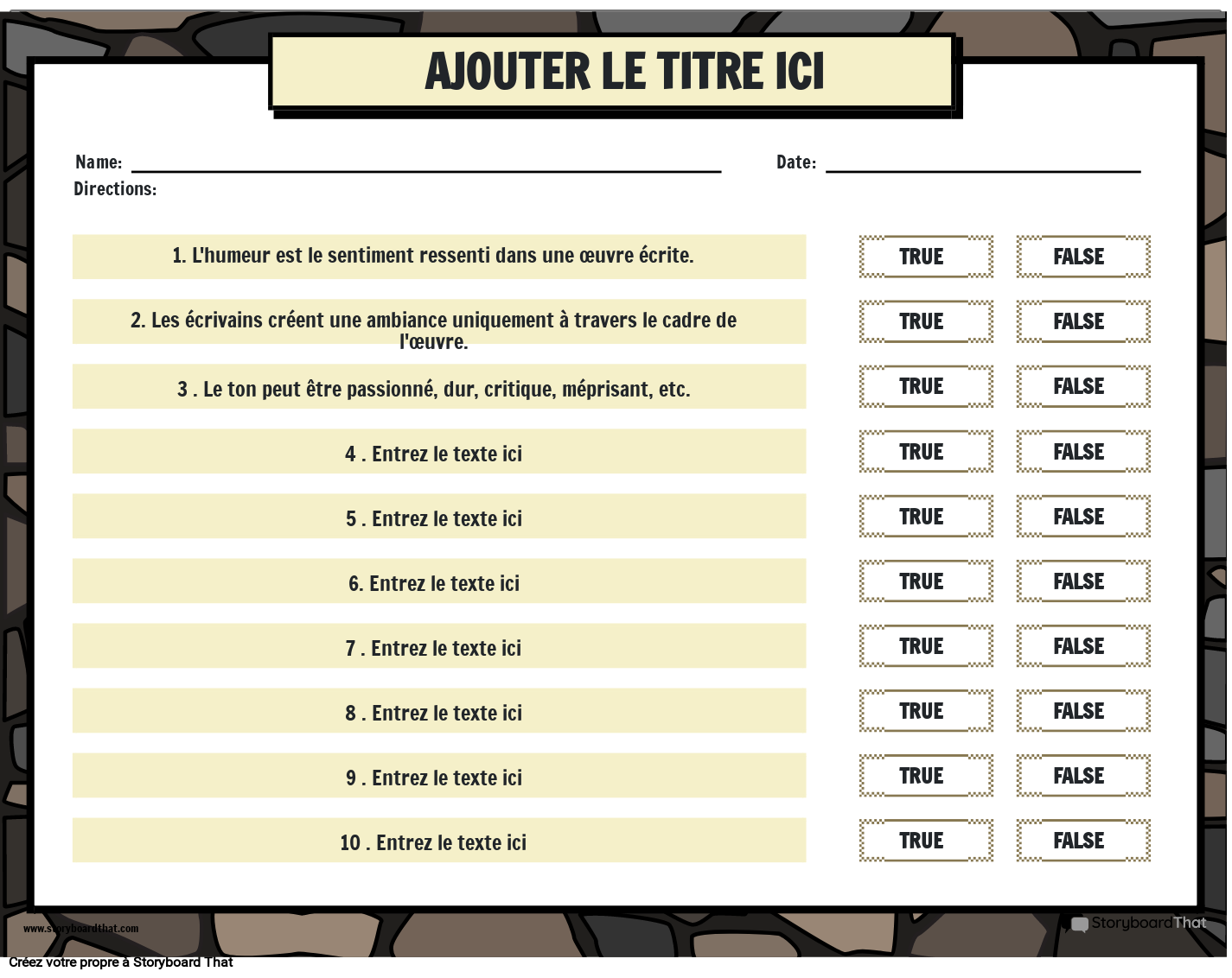 Humeur et Ton : Feuille de Travail D'activité Vrai ou Faux