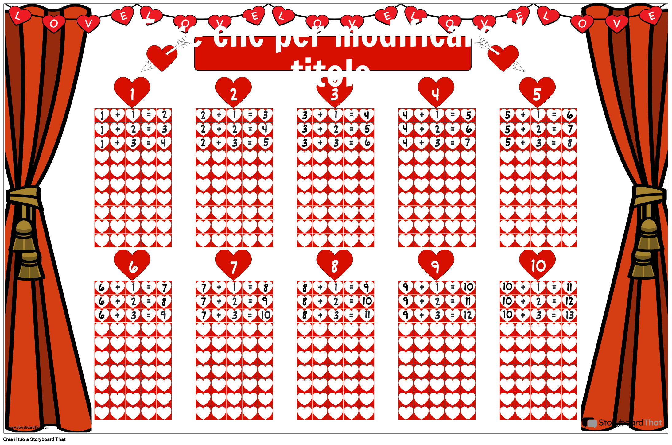 Poster con grafici di addizione stampabili gratuiti con motivi a cuore