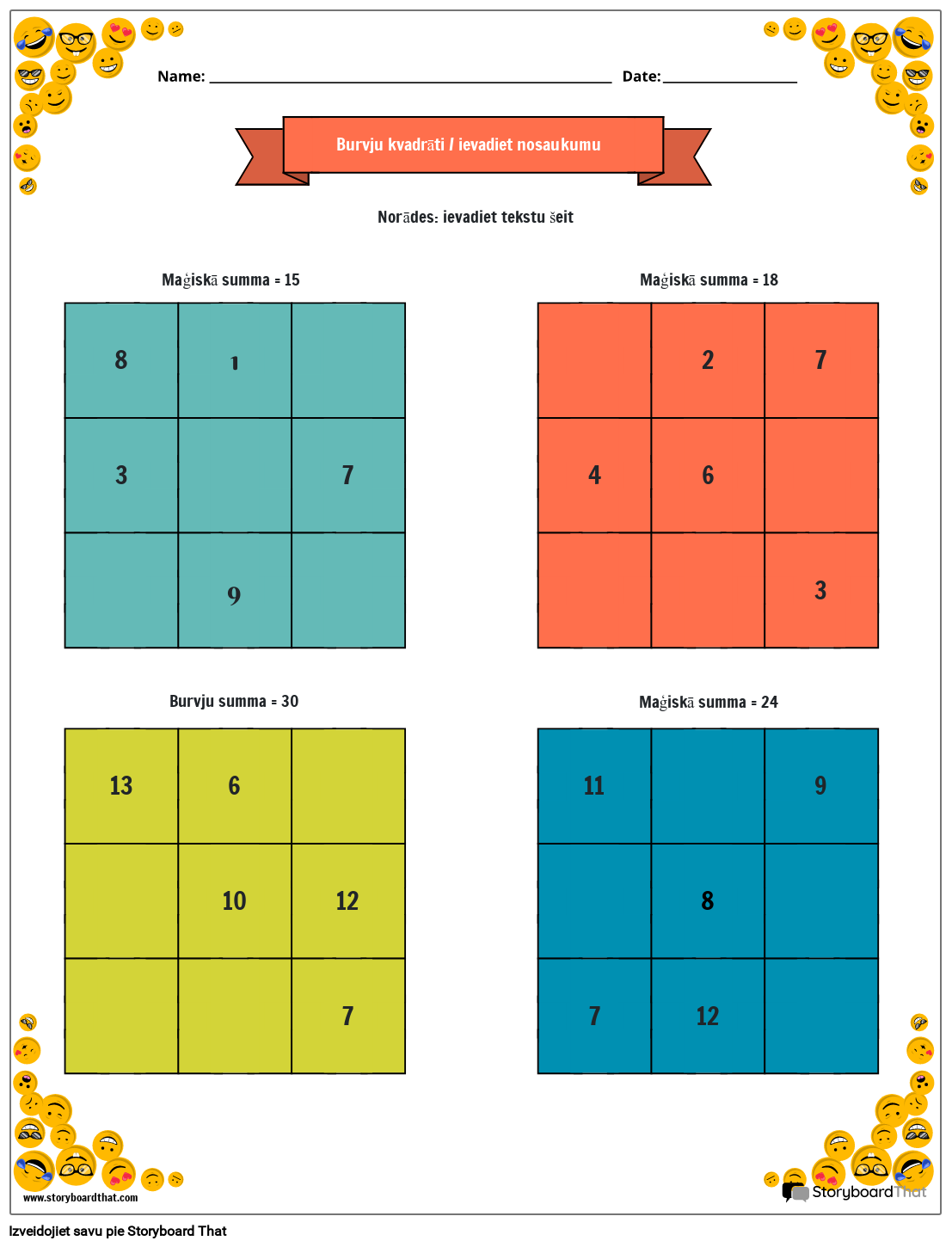 3 x 3 Maģisko kvadrātu darblapa ar smaidošas sejas apmali