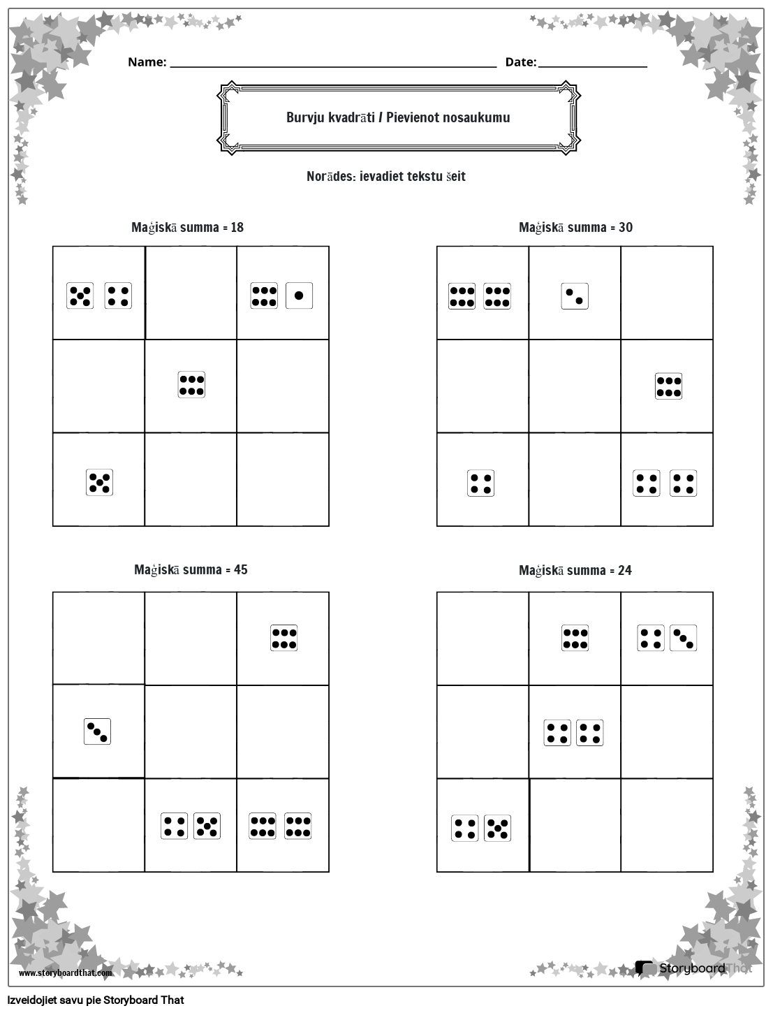 Dice Count Magic Squares darblapa ar zvaigžņu apmali (melnbalta)