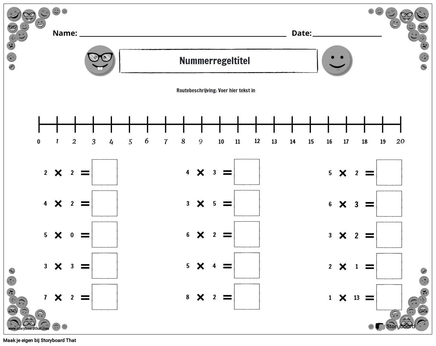 emoji-getallenlijn werkblad zwart en wit