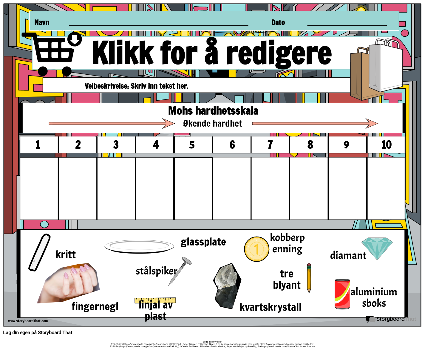 Eksempel på et Arbeidsark for Mineraler og Egenskaper