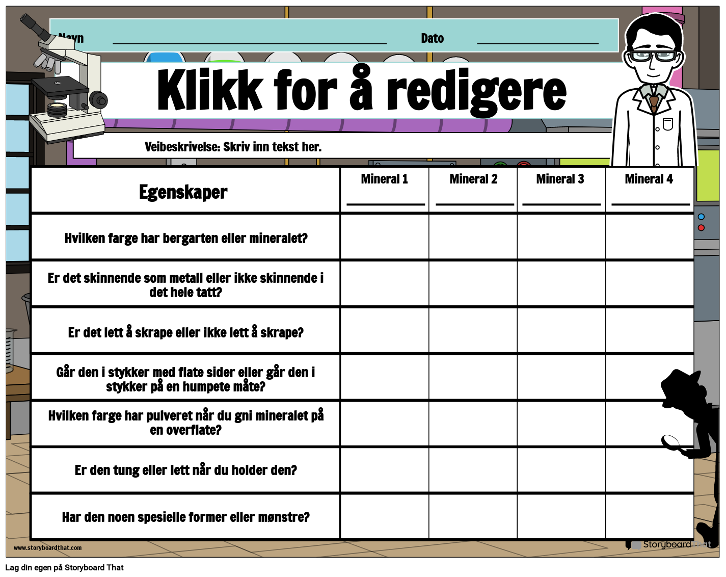 Mineraler og egenskaper arbeidsark med laboratoriested