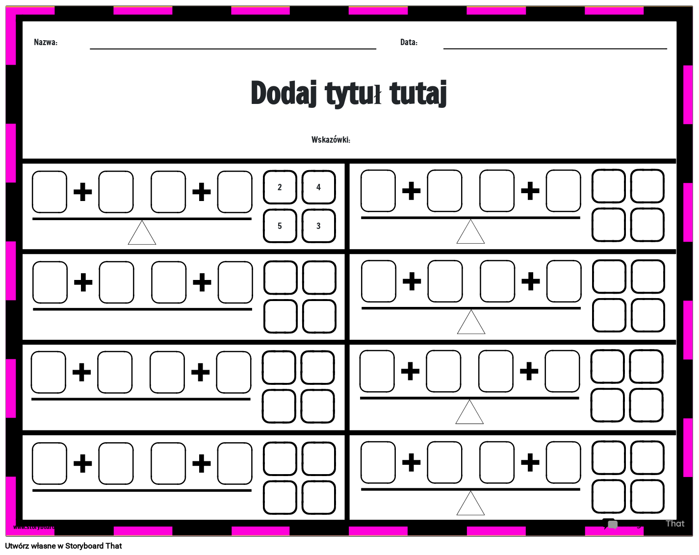 Równoważenie Skali - Arkusz gry Matematycznej