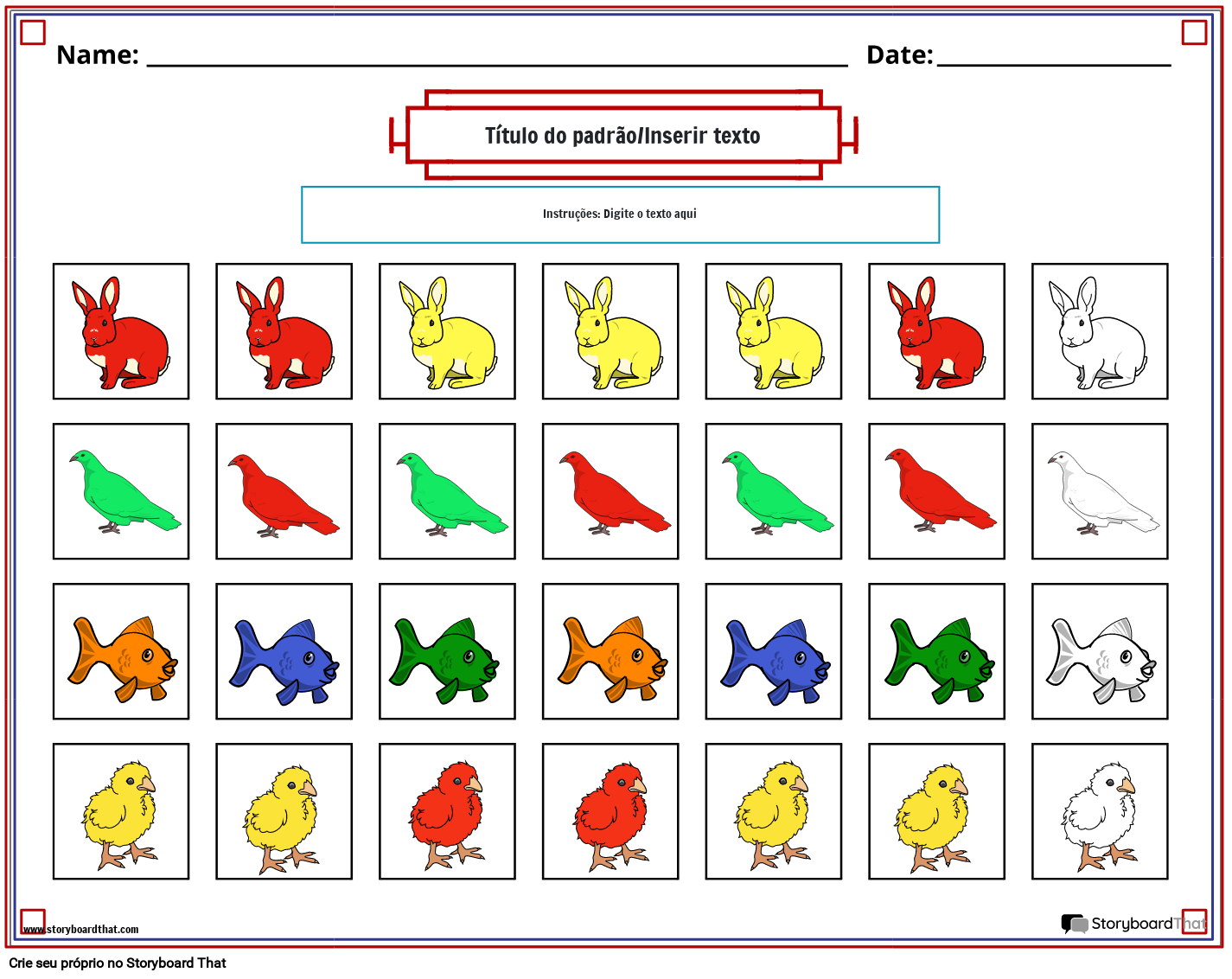 Planilha de padrões de cores animais