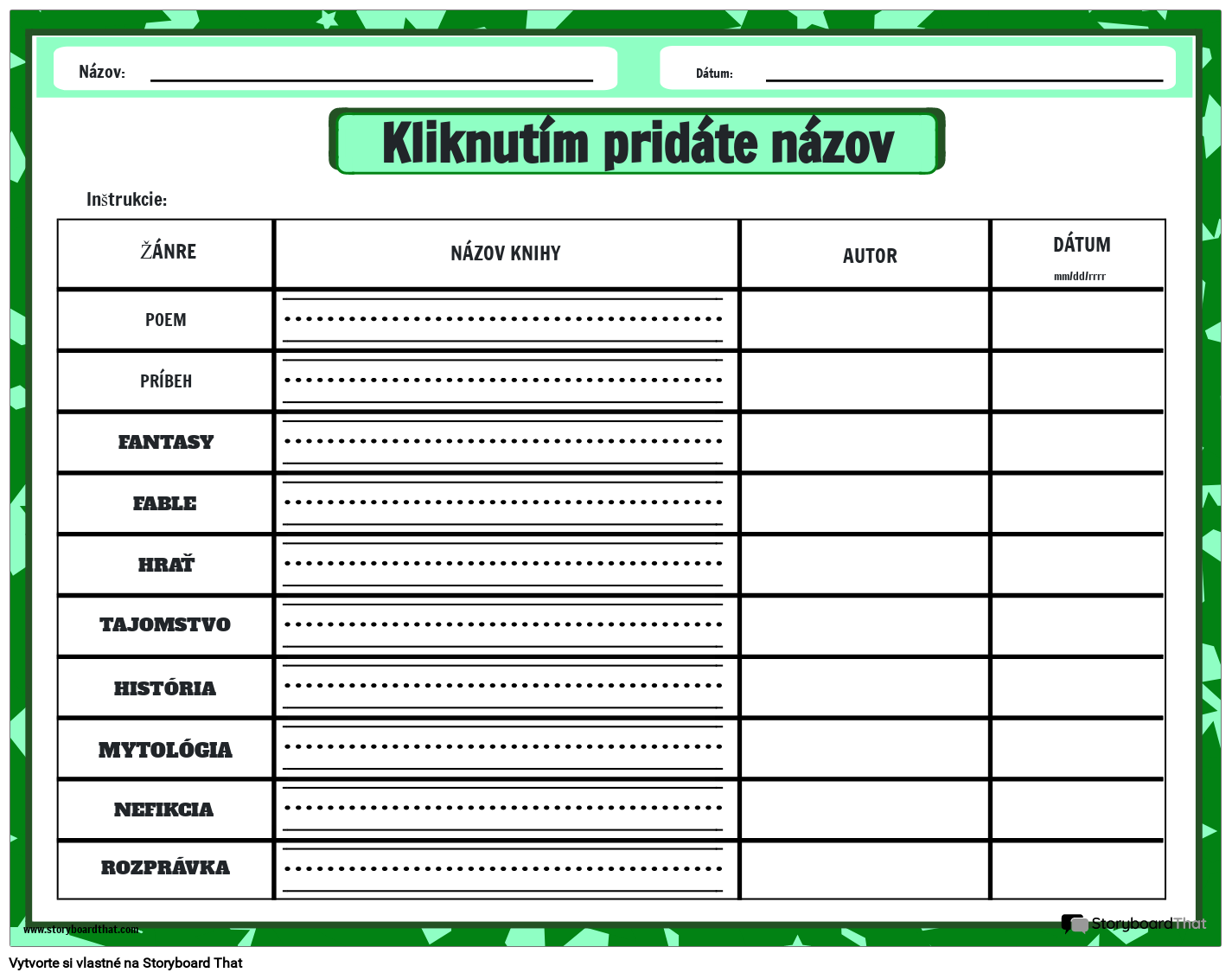 Pracovný List Sledovania Žánrov, Ktoré som Prečítal
