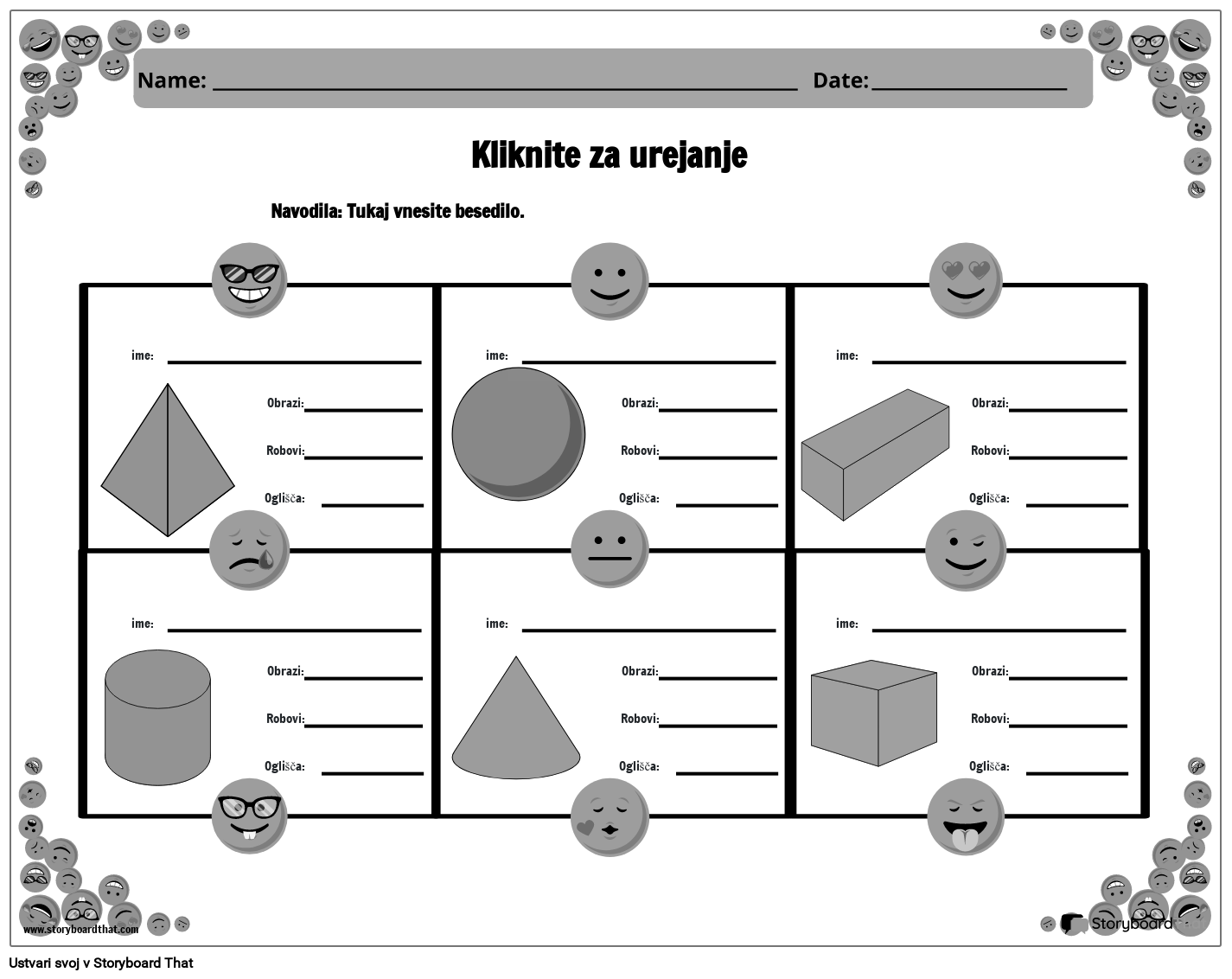 Delovni List Emoji 3D Shapes ČB, Pripravljen za Tiskanje