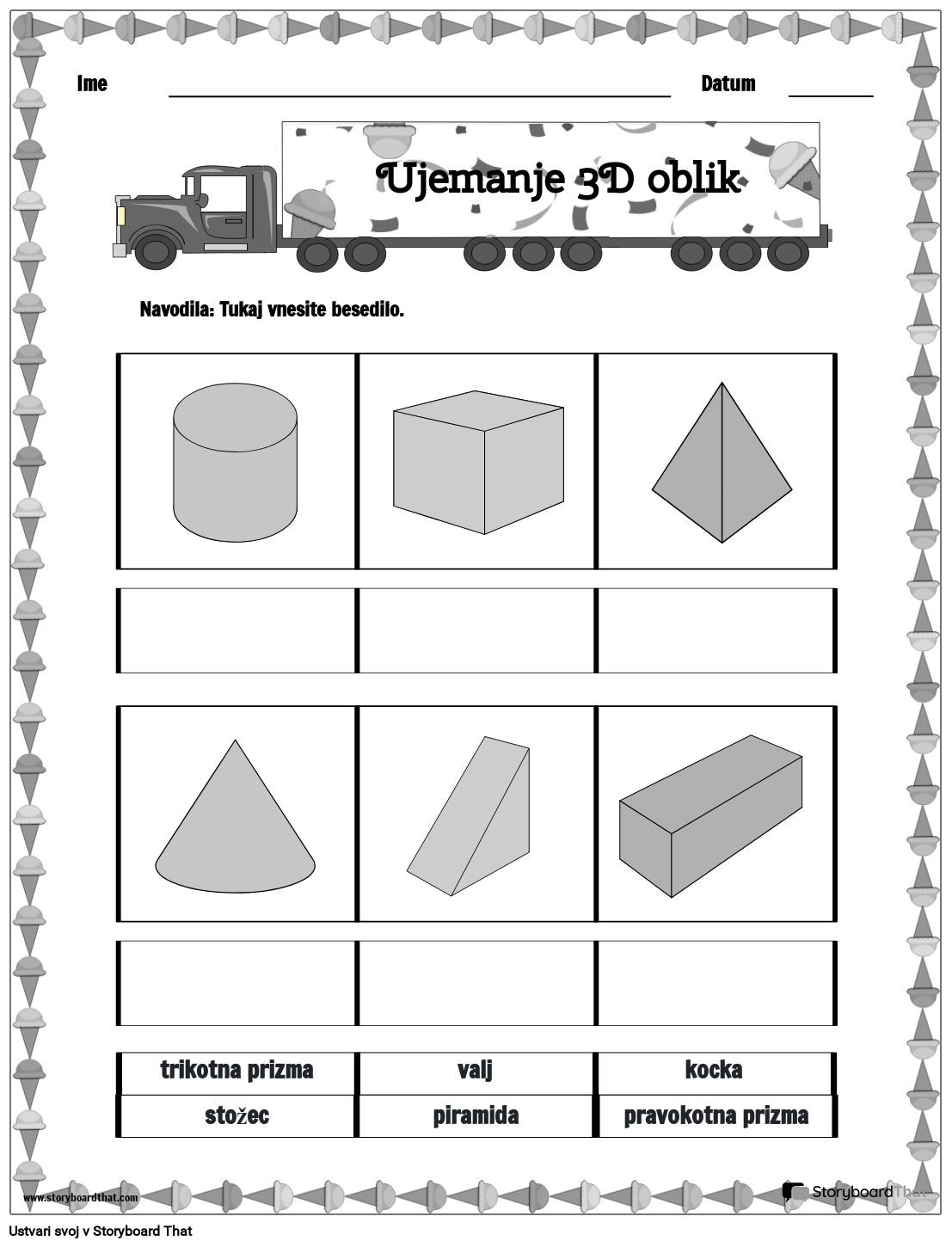 Delovni List za 3D Oblike Sladoleda ČB