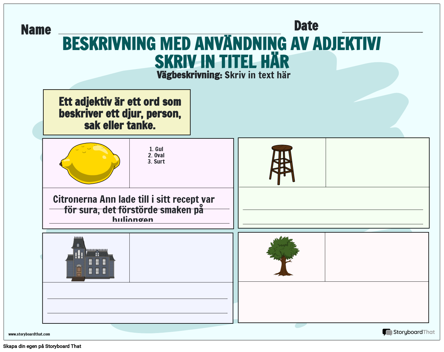 Användning av adjektiv för beskrivning arbetsblad