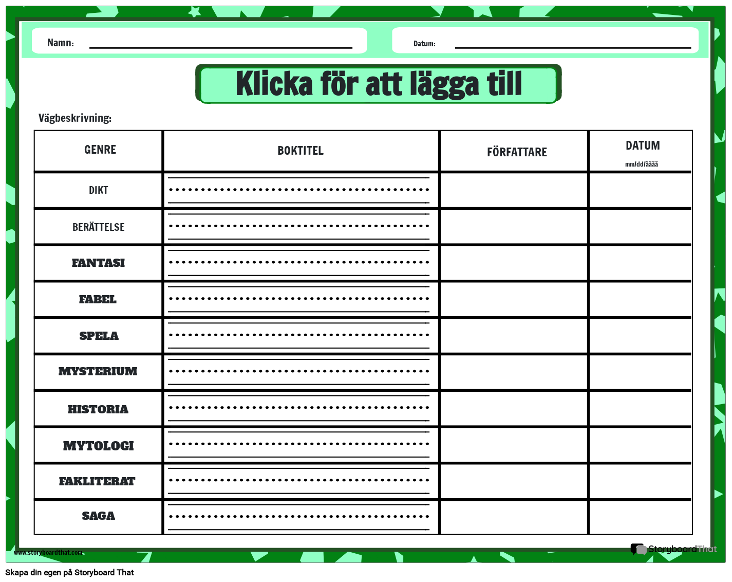 Spårningsgenrer jag har Läst Arbetsblad
