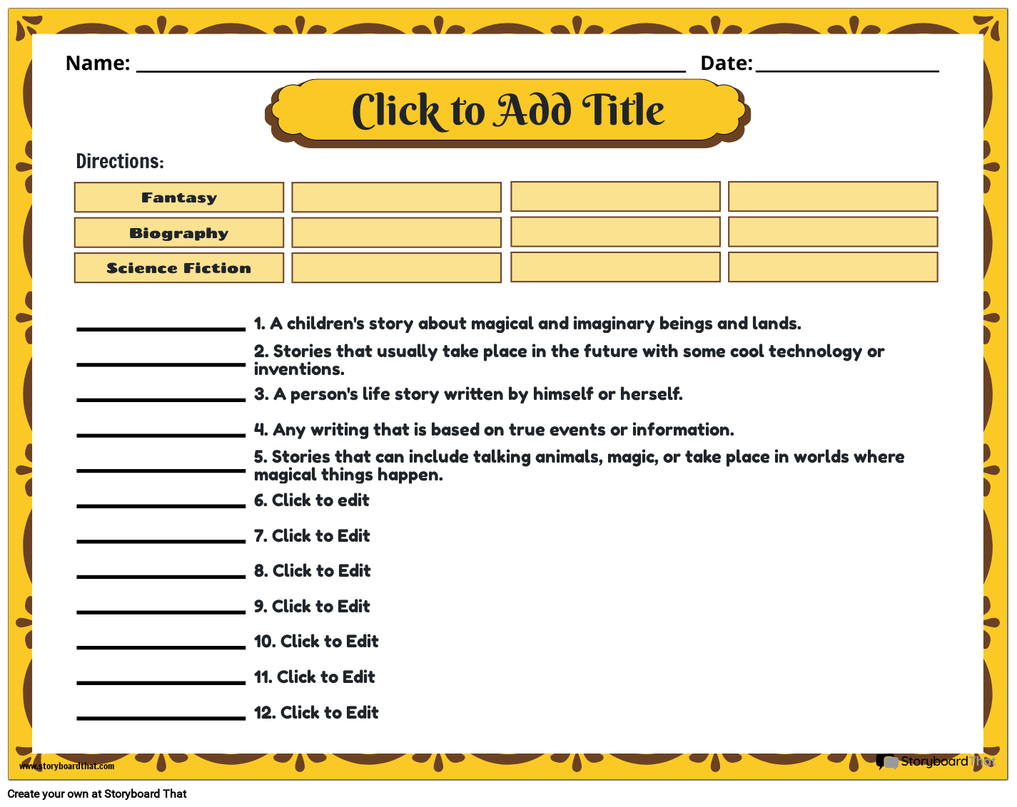 Identifying Literary Genres Worksheet