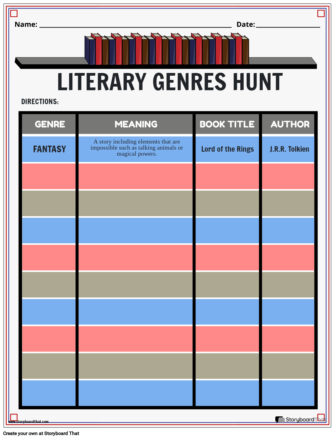 Literary Genres Hunt Worksheet