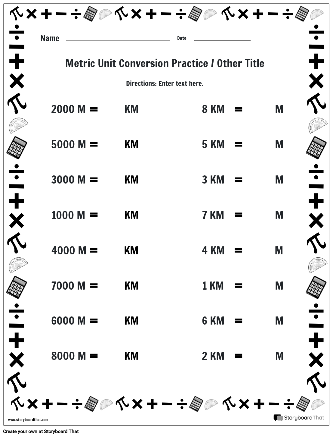 Math Symbols Metric Units Measurement Worksheet