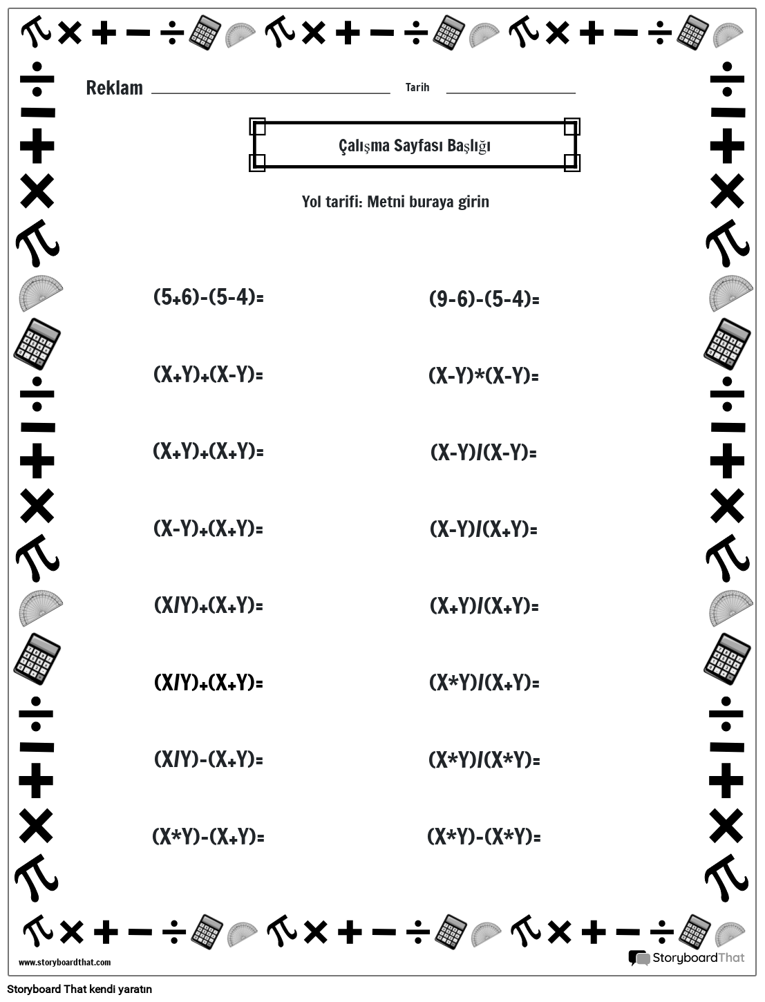 Matematik kenarlıklı işlem sırası çalışma sayfası (siyah beyaz)