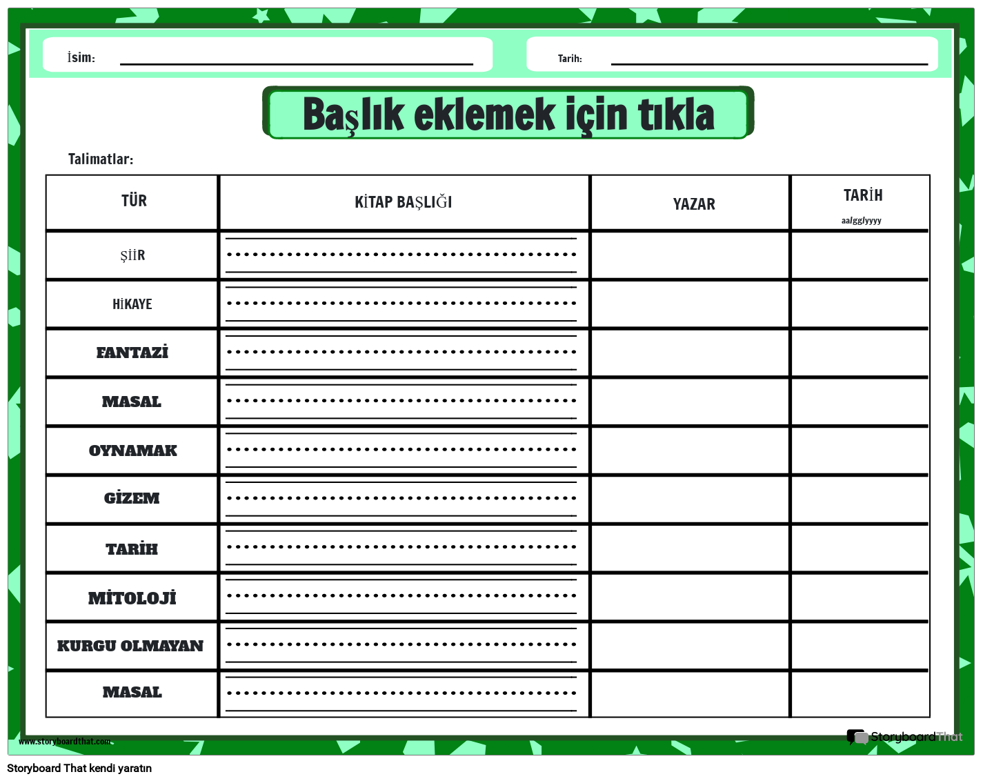 Okuduğum Türleri İzleme Çalışma Sayfası