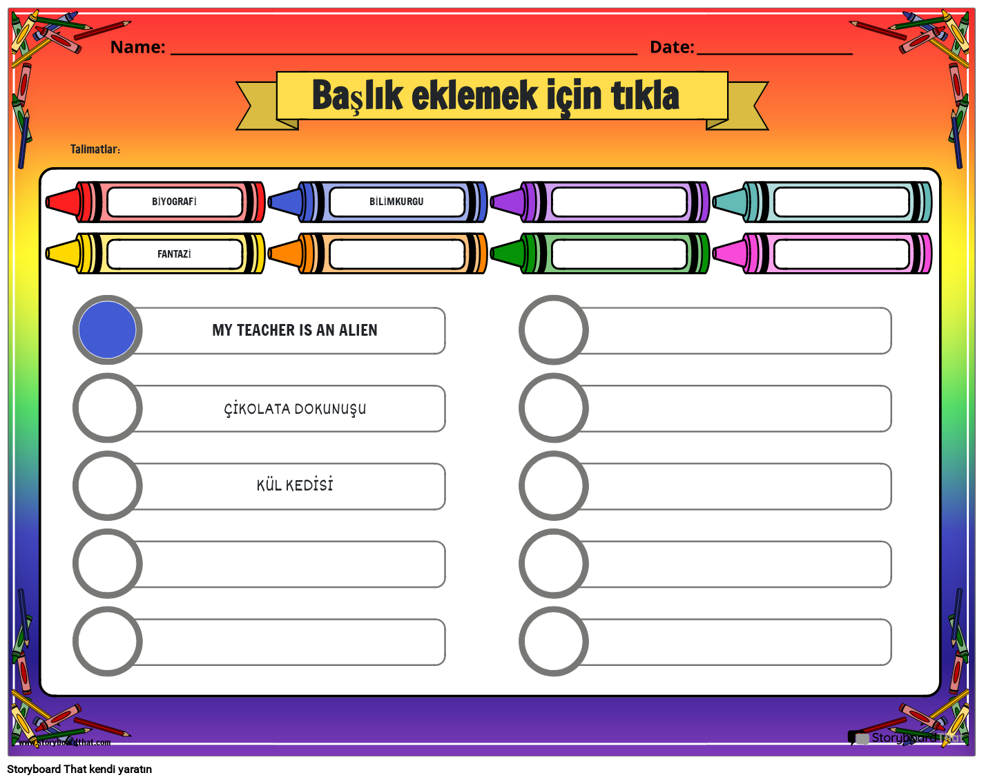 Türe Göre Renk: Edebiyat Türleri Çalışma Sayfası