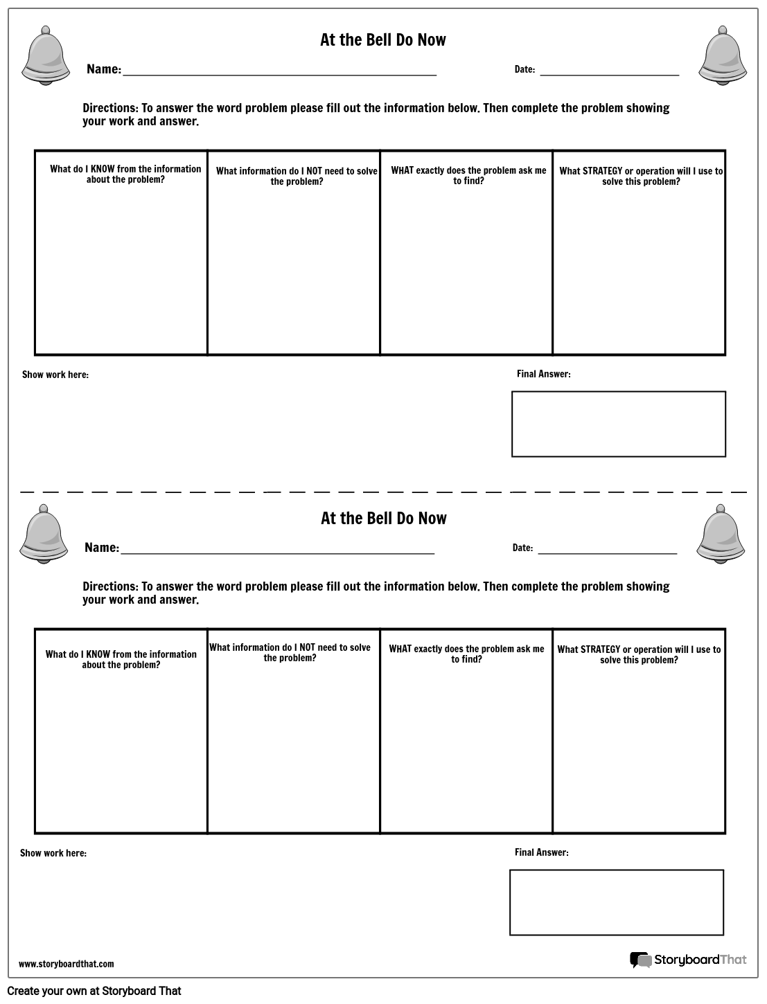 4 Questions Bell Ringer Exercise Sheet