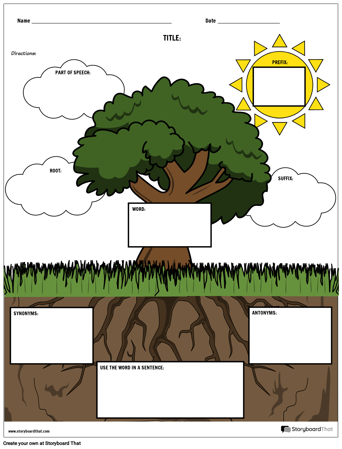 Social Studies Vocabulary Template with Sun and Trees